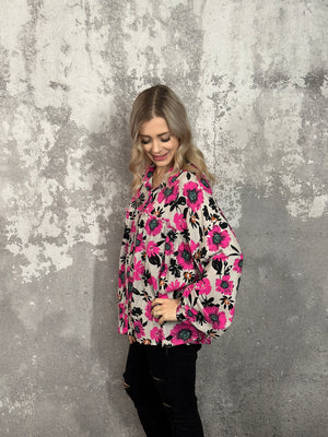 Light Grey and Hot Pink Floral Blouse (Small - 3X)