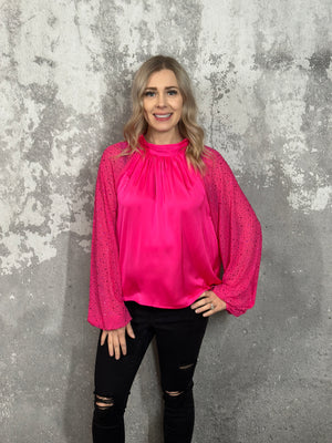 Pink Neck Tie Blouse with Rhinestone Sleeves