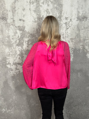 Pink Neck Tie Blouse with Rhinestone Sleeves