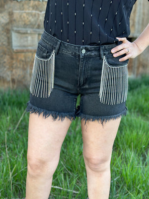 Black Rhinestone Fringe Shorts (Small - 3X) FINAL SALE