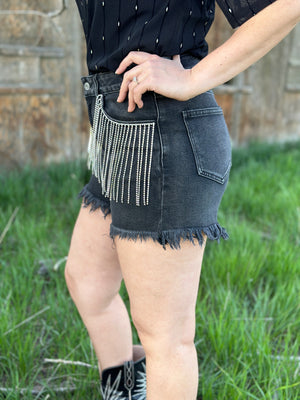 Black Rhinestone Fringe Shorts (Small - 3X) FINAL SALE