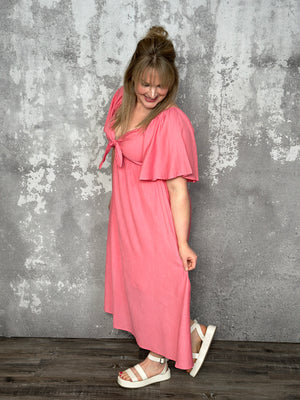 Front Tie Midi Dress - Coral - Final Sale