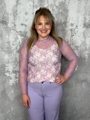 Moch Neck Sheer Lace Top - Lavender (Small - 3X)