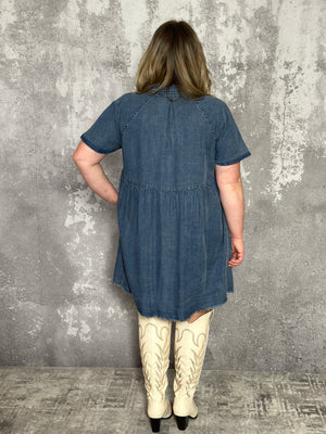 Short Sleeve Chambray Denim Dress with Pleats