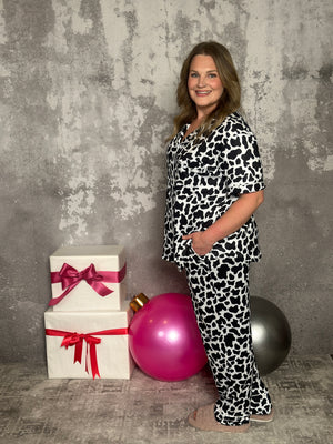 Shirley Button Down Lounge Set - Cow Print (Small - 3X)