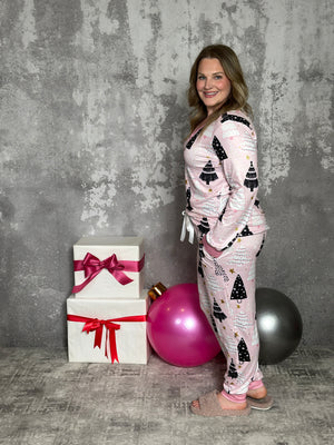 Buttery Shirley Jogger Lounge Set - Pink Christmas Tree (Small - 3X)