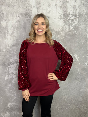 Velvet Sequin Sleeve Burgundy Top