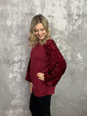 Velvet Sequin Sleeve Burgundy Top