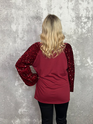 Velvet Sequin Sleeve Burgundy Top