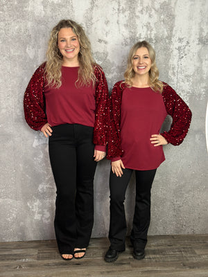 Velvet Sequin Sleeve Burgundy Top