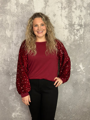 Velvet Sequin Sleeve Burgundy Top