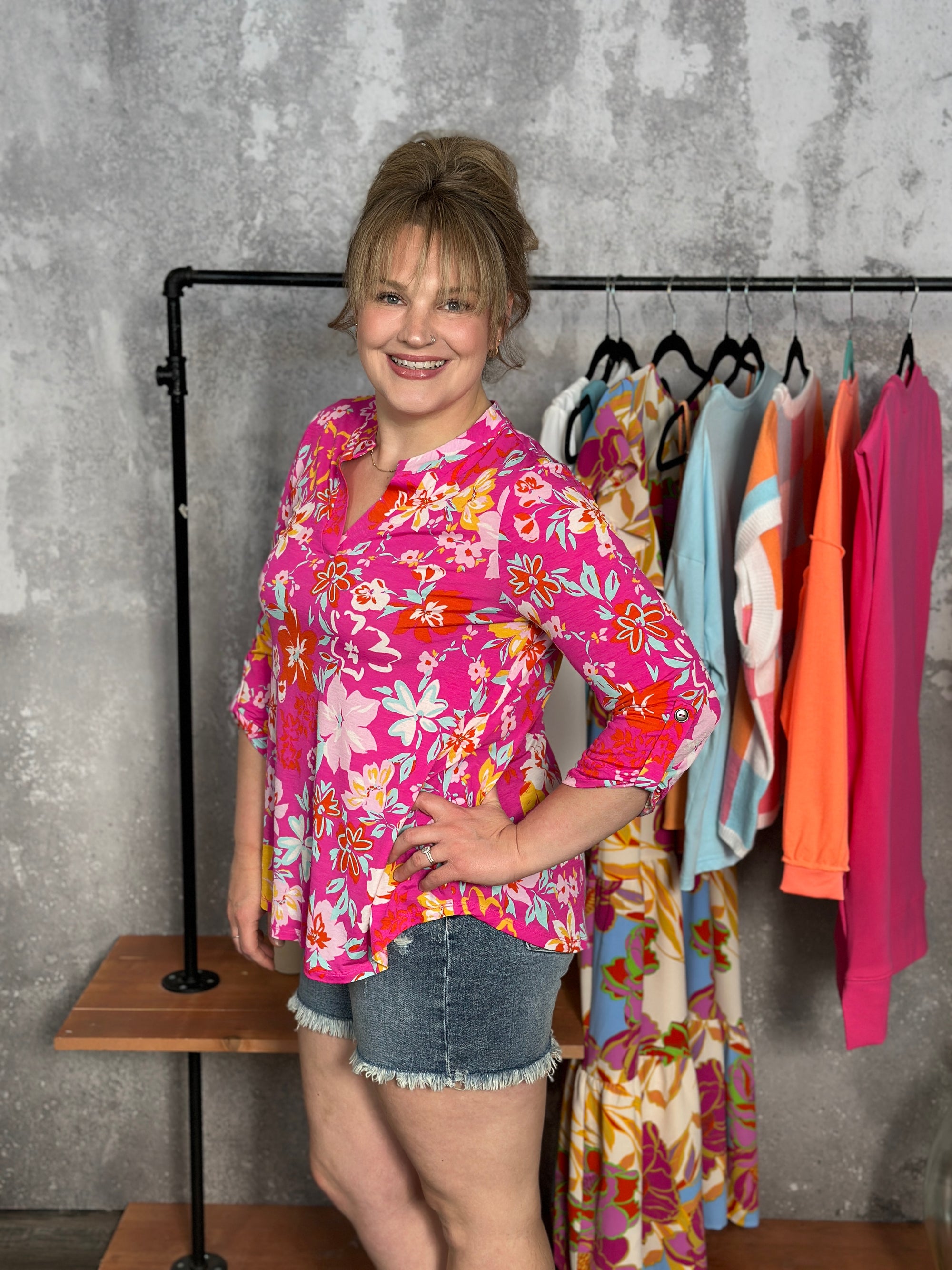 The Wrinkle Free Lizzie Top - Pink with Bold Florals (Small - 3X) FINAL SALE