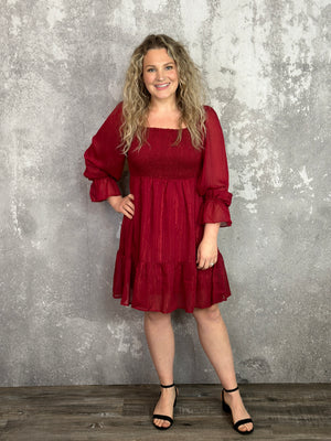 Merlot Sparkle Ruffle Detail Dress (Small - 2X)