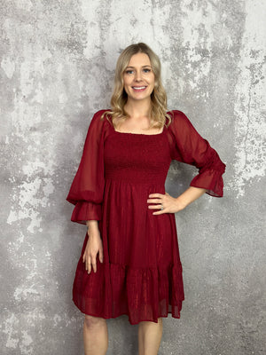 Merlot Sparkle Ruffle Detail Dress (Small - 2X)