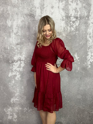 Merlot Sparkle Ruffle Detail Dress (Small - 2X)