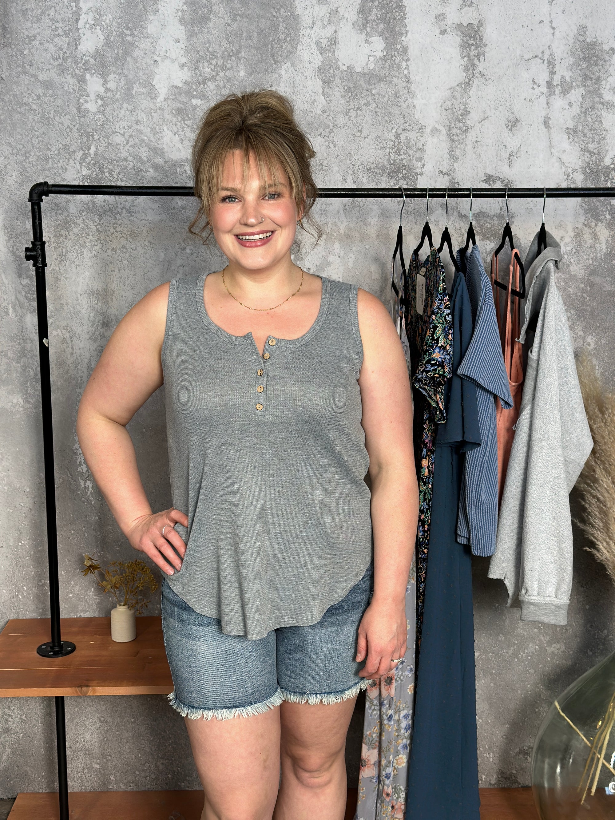 The Wendy Waffle Tank -  Grey (Small - 3X)