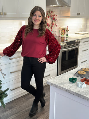 Velvet Sequin Sleeve Burgundy Top