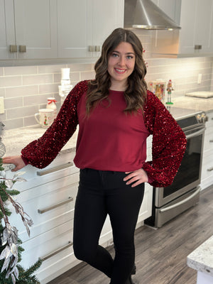 Velvet Sequin Sleeve Burgundy Top