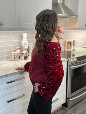 Velvet Sequin Sleeve Burgundy Top