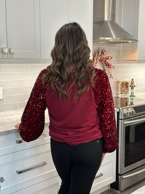 Velvet Sequin Sleeve Burgundy Top