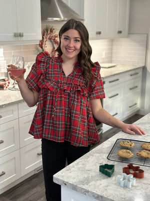 Red Plaid Puff Sleeve Top