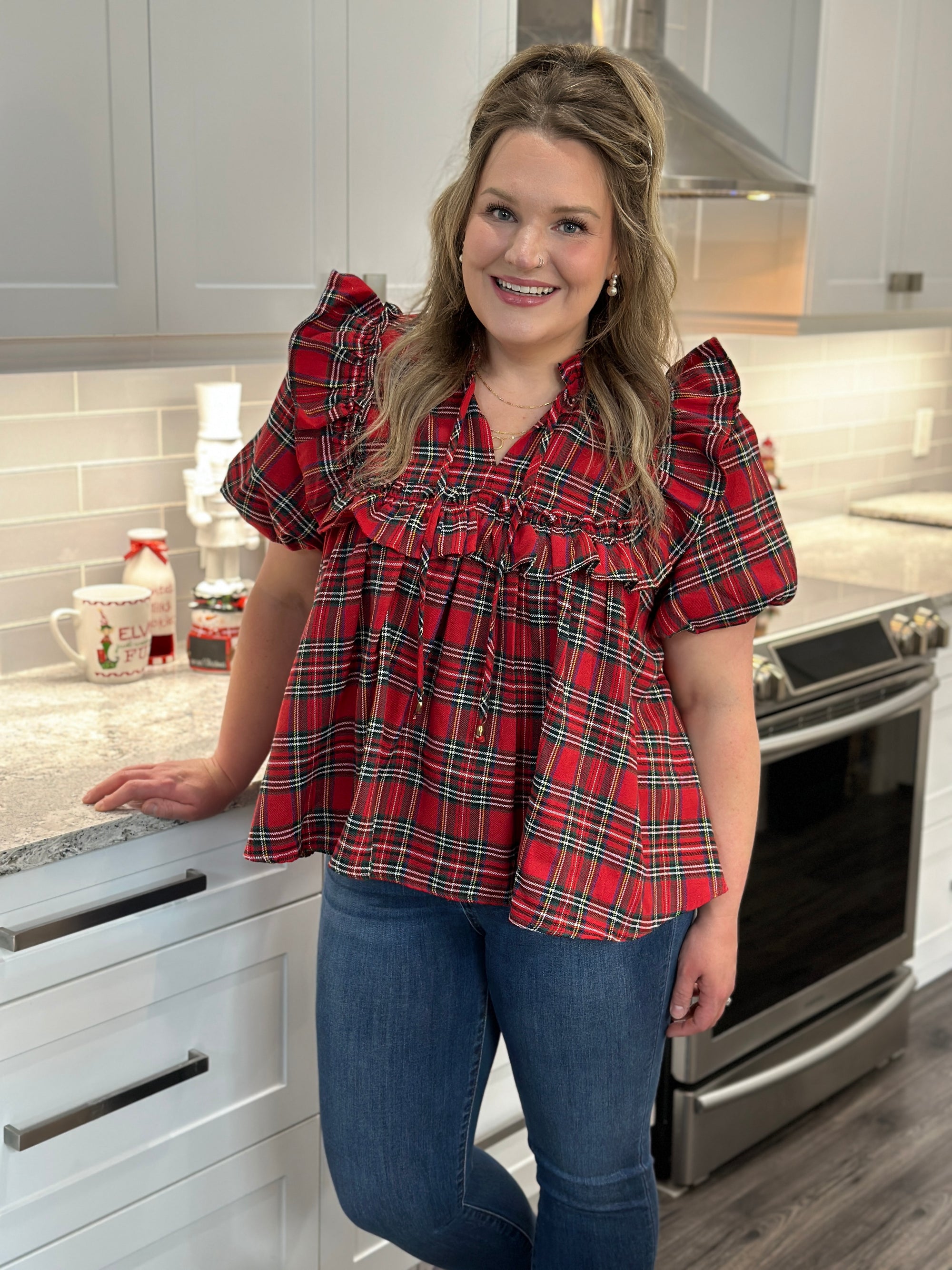 Red Plaid Puff Sleeve Top