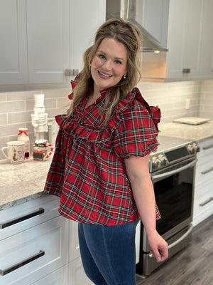 Red Plaid Puff Sleeve Top