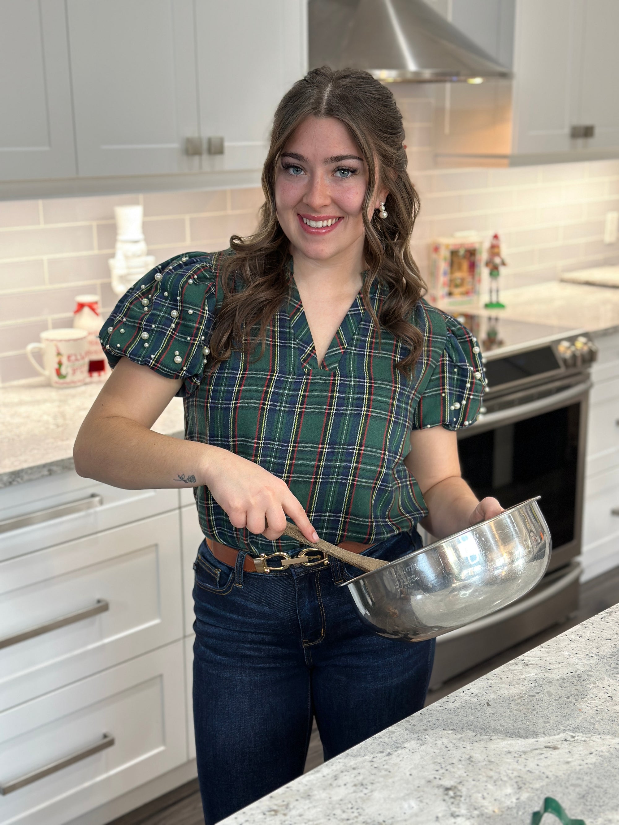 Green Plaid Top with Pearls