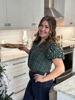 Green Plaid Top with Pearls