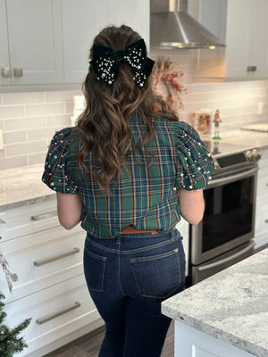 Green Plaid Top with Pearls