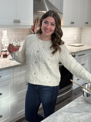 Cable Knit Cream Sweater with Rhinestone Studs