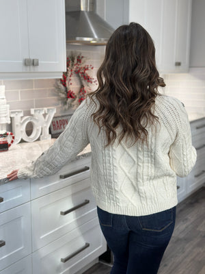 Cable Knit Cream Sweater with Rhinestone Studs