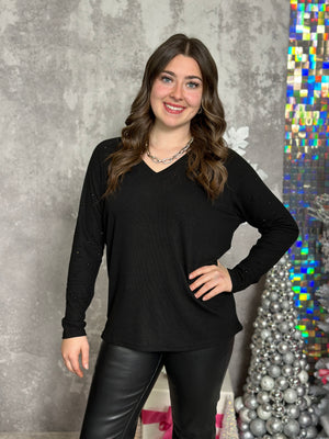 Basic Sparkle Sleeve Vneck Top (Small - 3X)