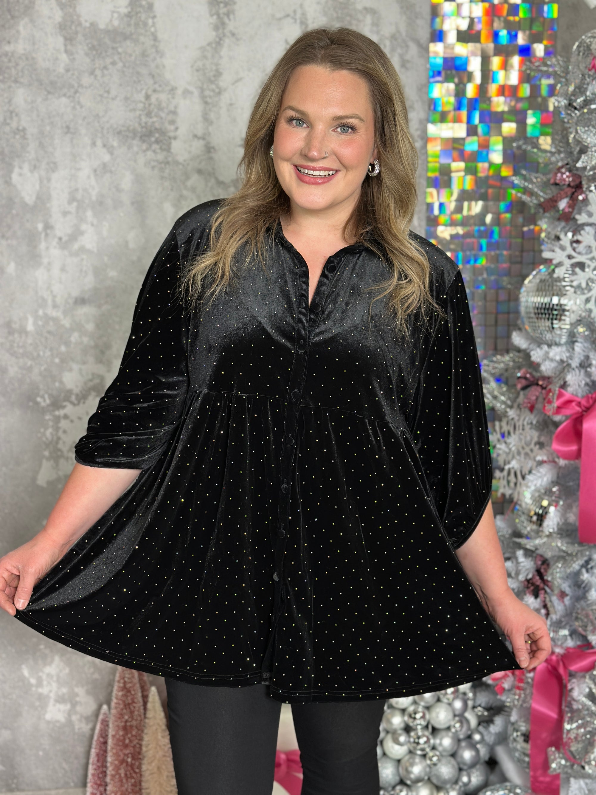 Black Velvet Tunic Top with Bling (Small - 2X)