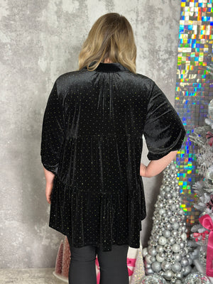 Black Velvet Tunic Top with Bling (Small - 2X)