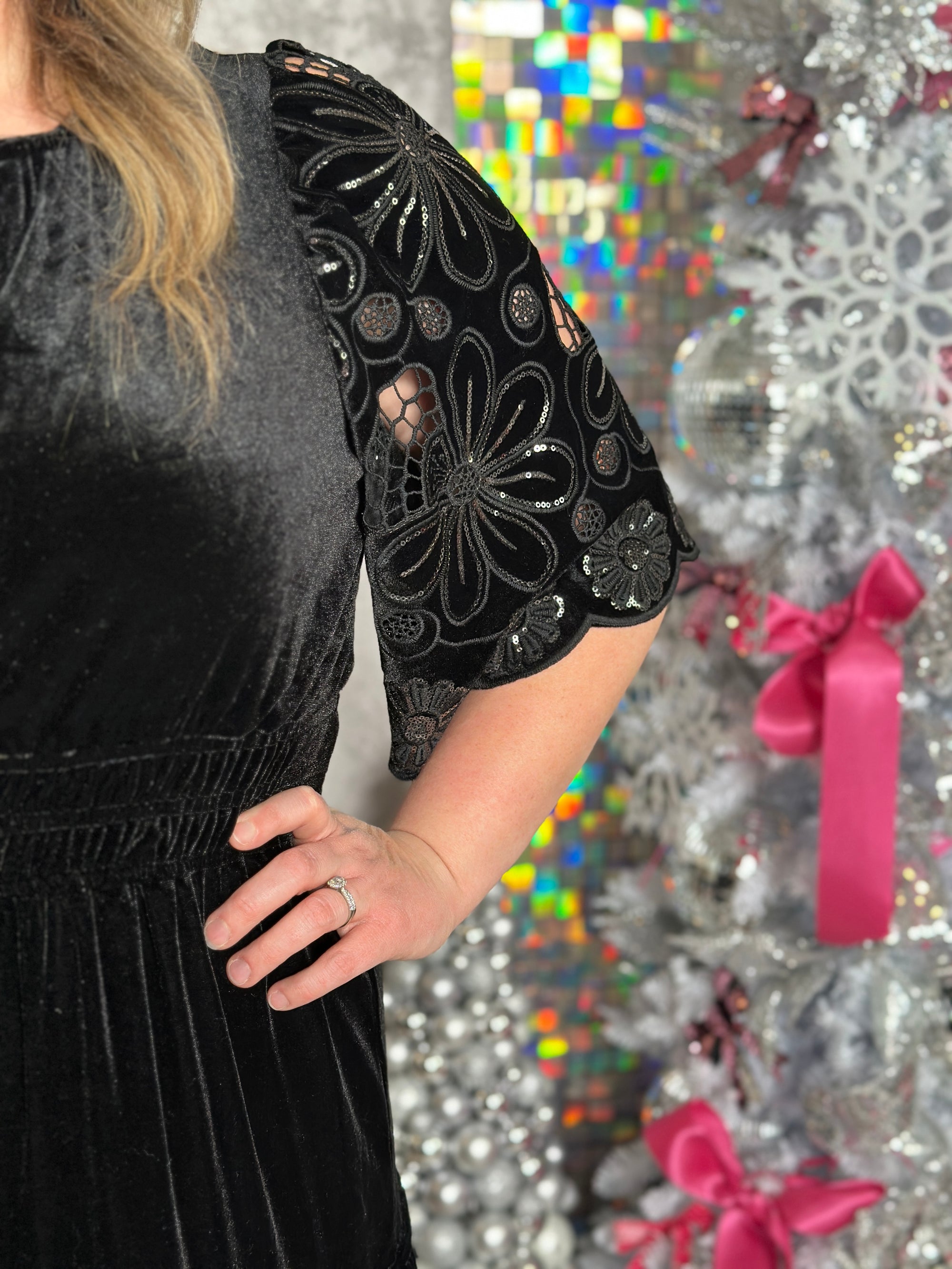 Black Velvet Dress with Sequin Statement Sleeves