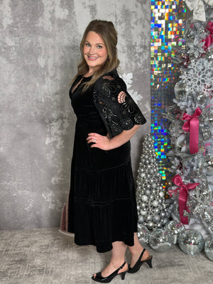 Black Velvet Dress with Sequin Statement Sleeves