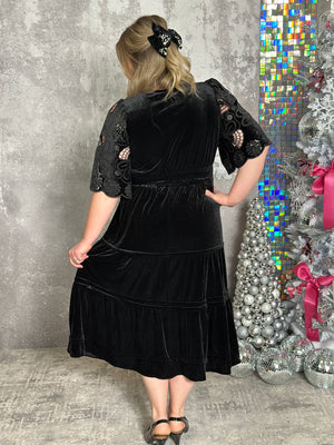 Black Velvet Dress with Sequin Statement Sleeves