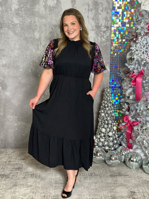 Black Dress with Multi Color Sequin Sleeves (Small - 3X)