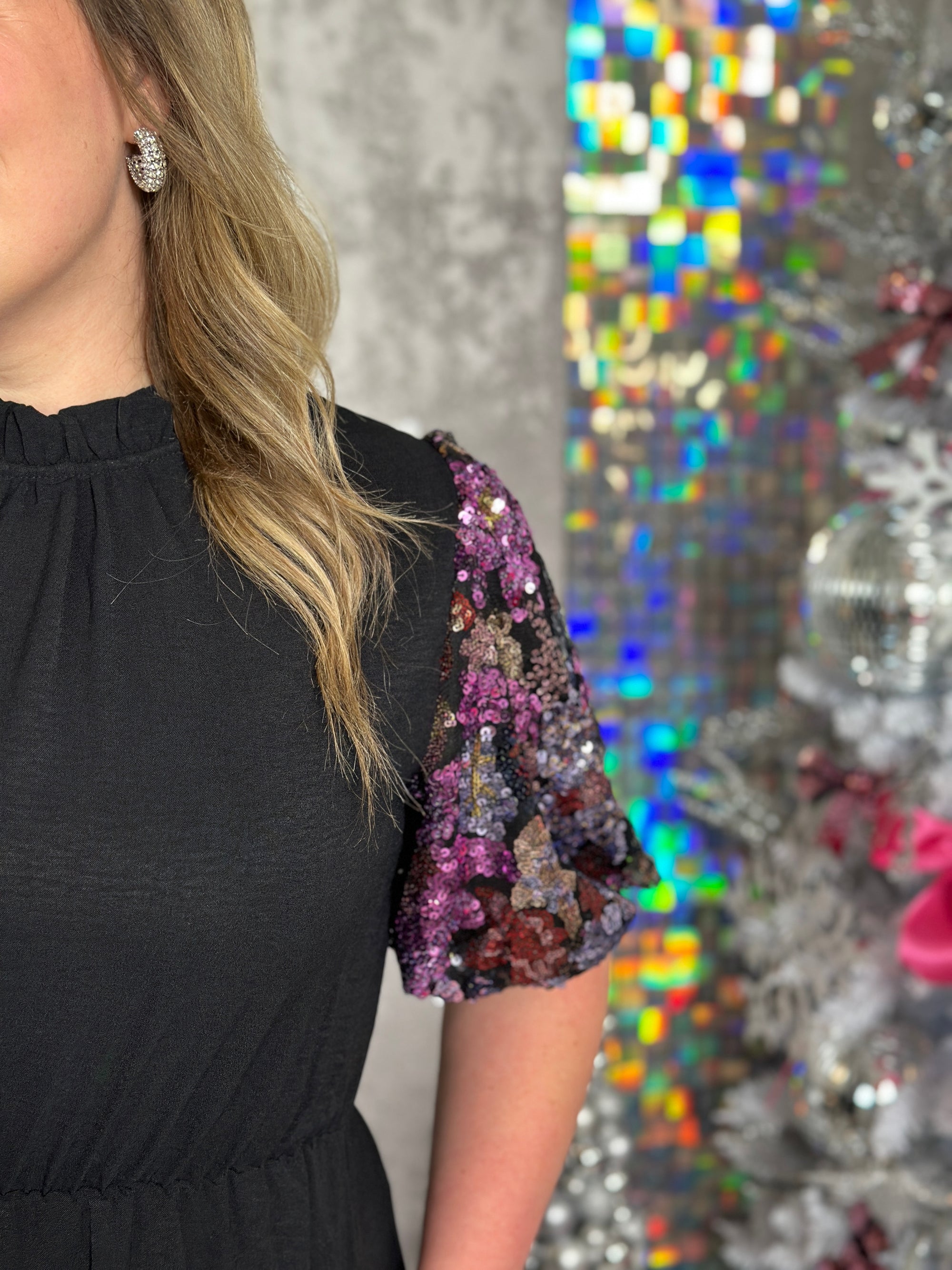 Black Dress with Multi Color Sequin Sleeves (Small - 3X)