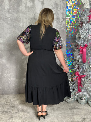 Black Dress with Multi Color Sequin Sleeves (Small - 3X)