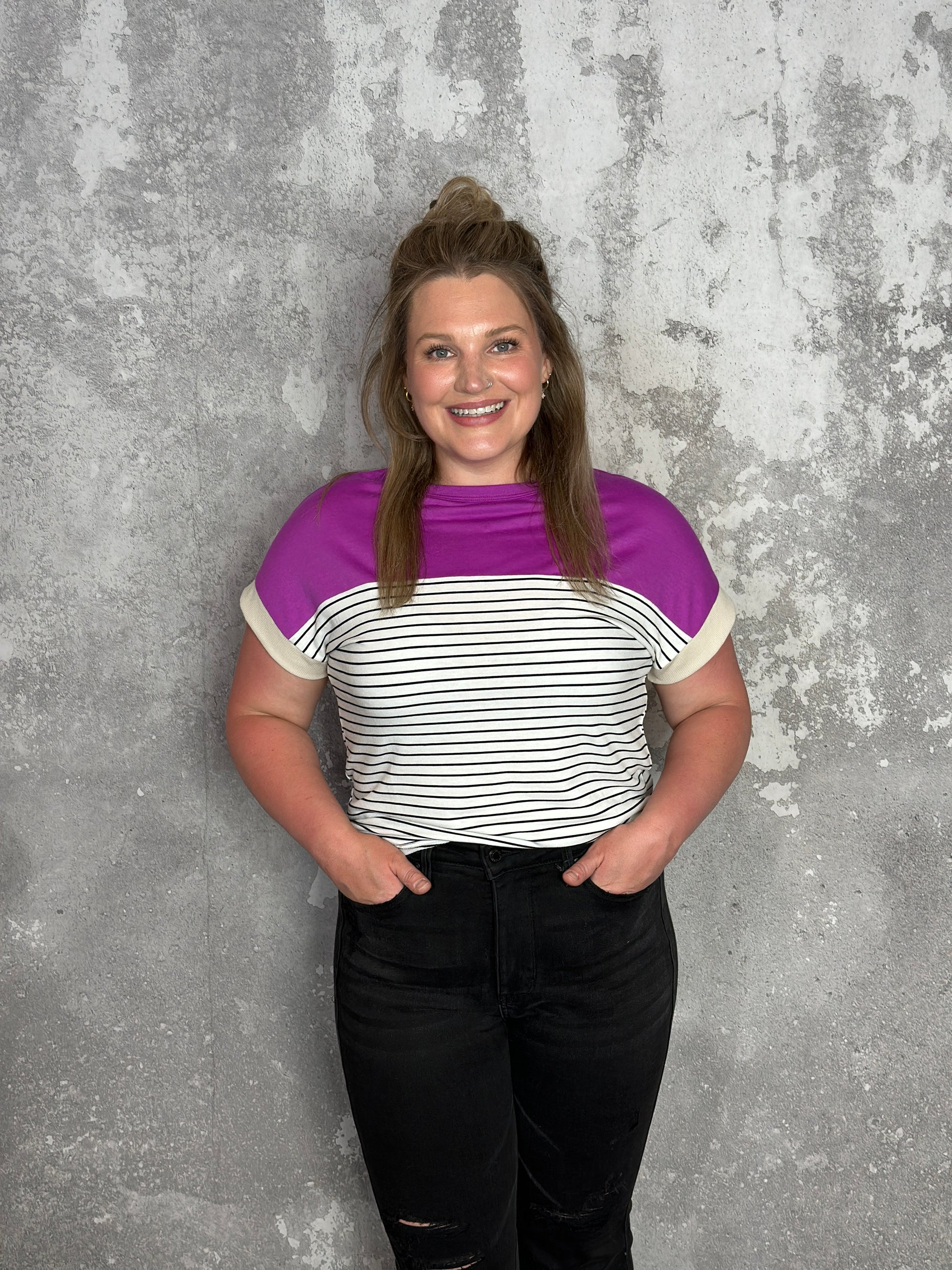 Magenta/Stripe Short Sleeve Top