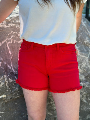 Garment Dyed Fray Hem Shorts - Red (S - 3X)  - FINAL SALE