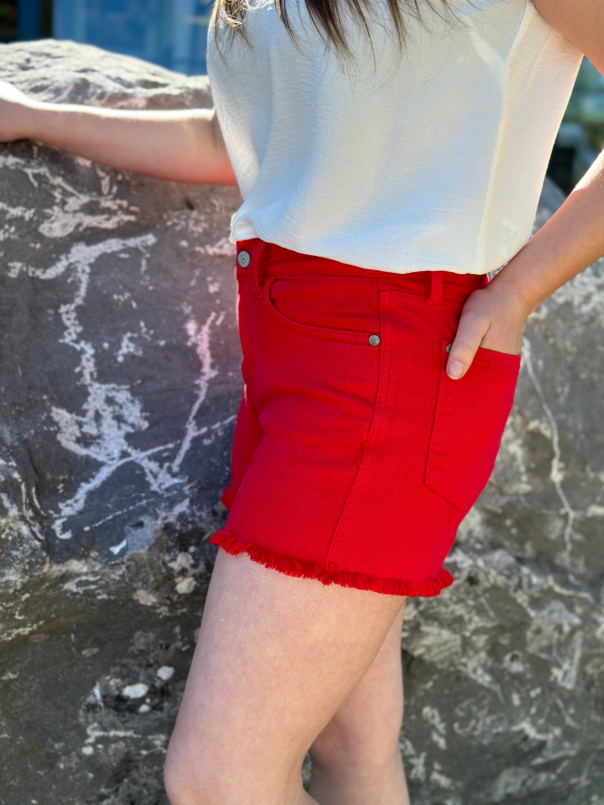 Garment Dyed Fray Hem Shorts - Red (S - 3X) RESTOCK