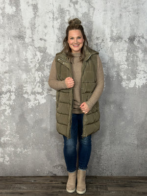 Long Puffer Vest - Olive - CURVY ONLY - BEST SELLER