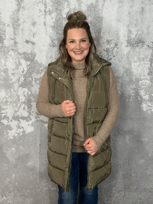 Long Puffer Vest - Olive - CURVY ONLY - BEST SELLER