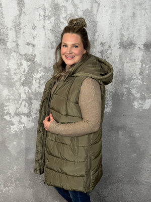 Long Puffer Vest - Olive - CURVY ONLY - BEST SELLER