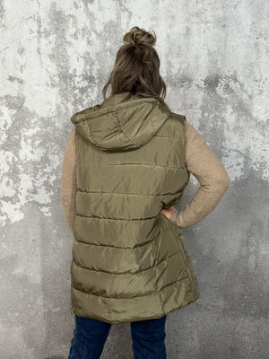 Long Puffer Vest - Olive - CURVY ONLY - BEST SELLER