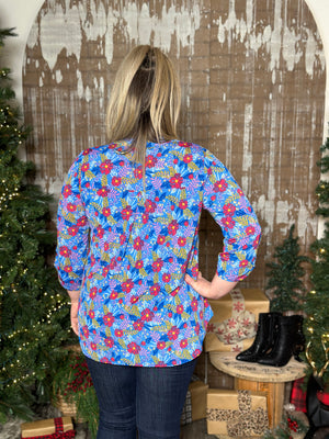 DOORCRASHER - The Wrinkle Free Lizzie Top -Blue Floral (Small - 3X) - FINAL SALE