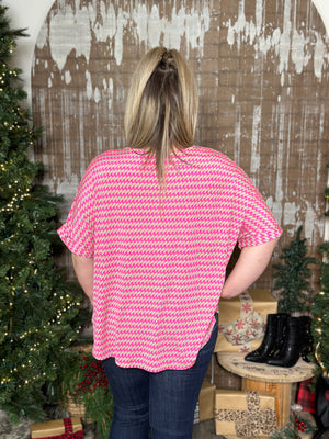 DOORCRASHER - The Wrinkle Free Short Sleeve Top - Taupe/Pink Zigzag (Small - 3X) - FINAL SALE